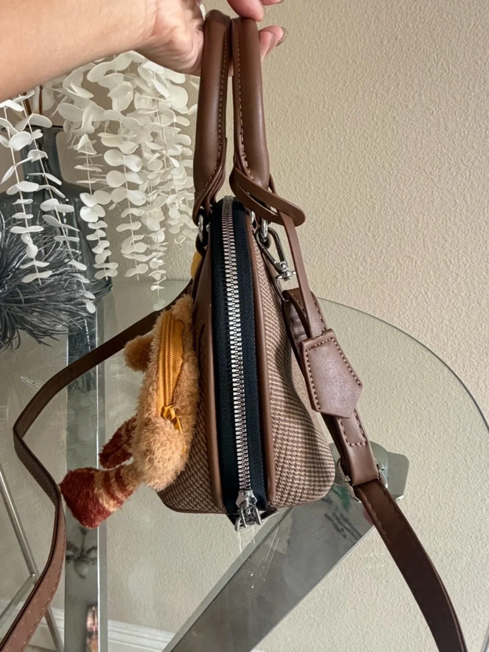 Brown Faux-Leather Handbag with Decorative Charms